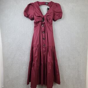 Lulus Simple Times Burgundy Red Twist Front Puff Sleeve Maxi Dress Sz XS NWT